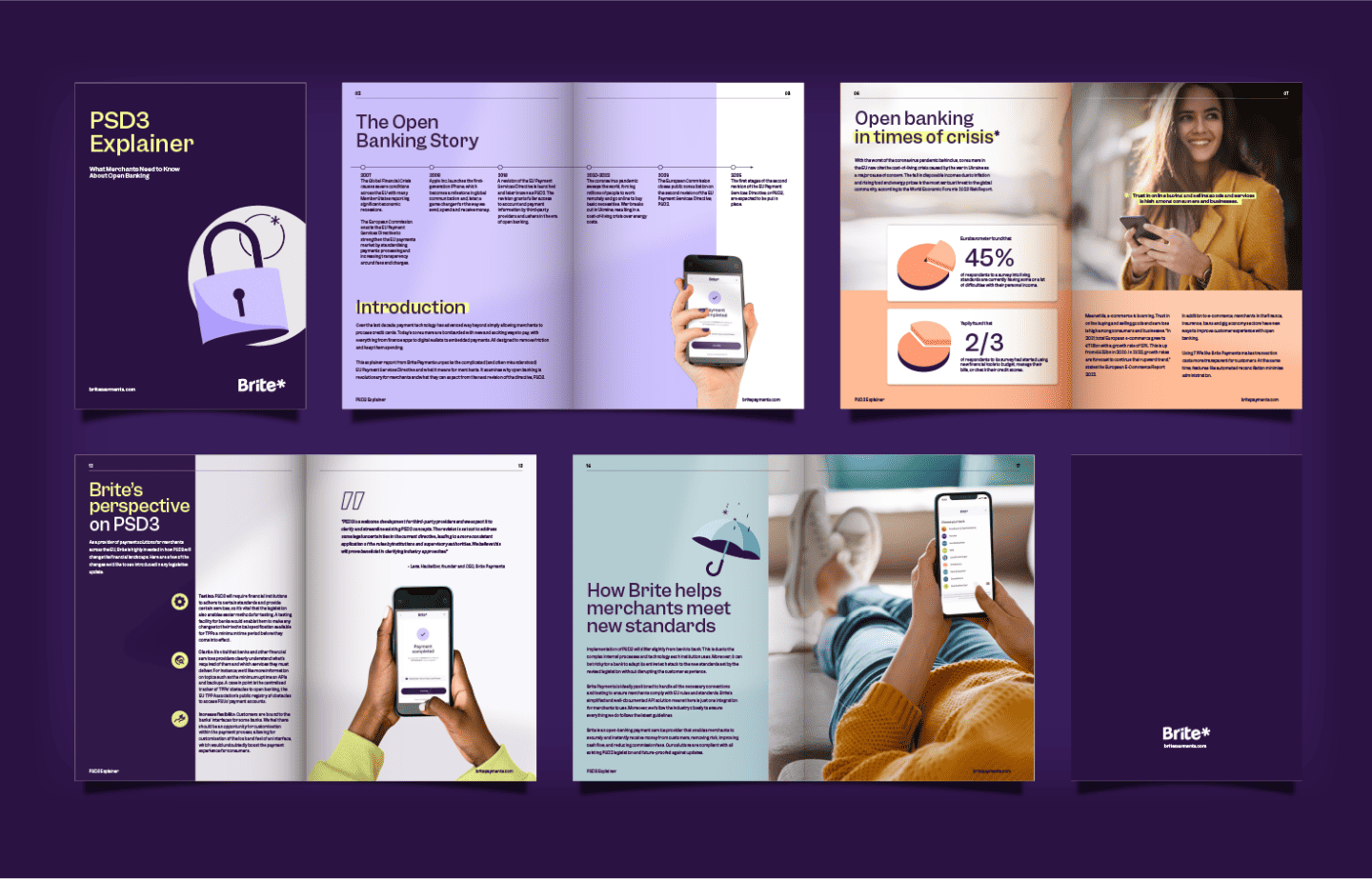 The Brite Payments PSD3 explainer is featured, with a selection of the most important pages shown in a collage.  