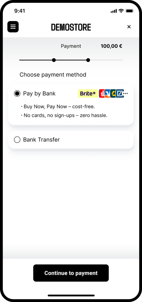 Pay by Bank using Brite Instant Payments checkout screen