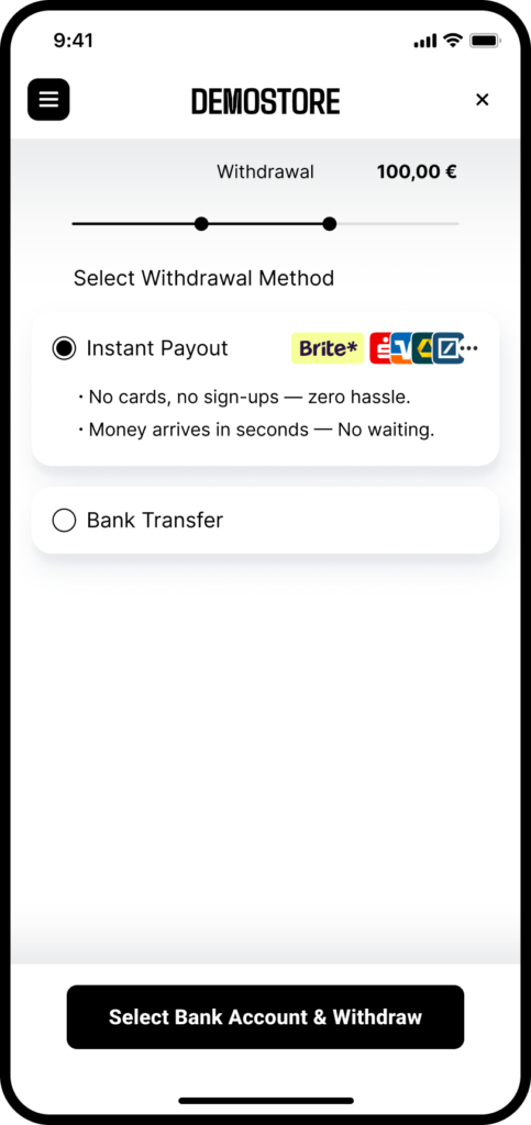 Instant Payout intro screen on mobile