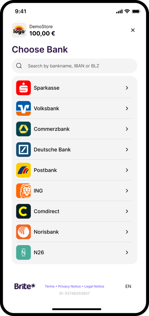 Instant Payouts bank selection screen on mobile