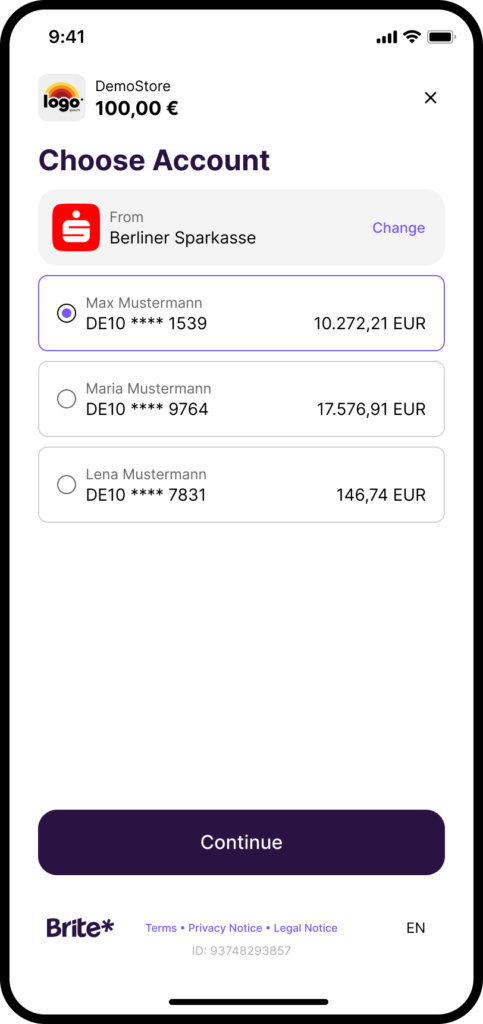 Brite Instant Payouts account selection screen