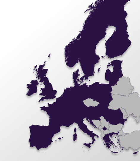 A map of Europe with Brite markets coloured dark purple and other markets not using Brite in grey