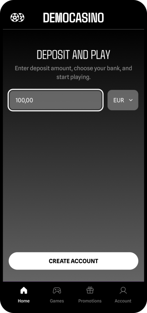 Deposit and play, Brite Play opening screen on dark mode mobile phone