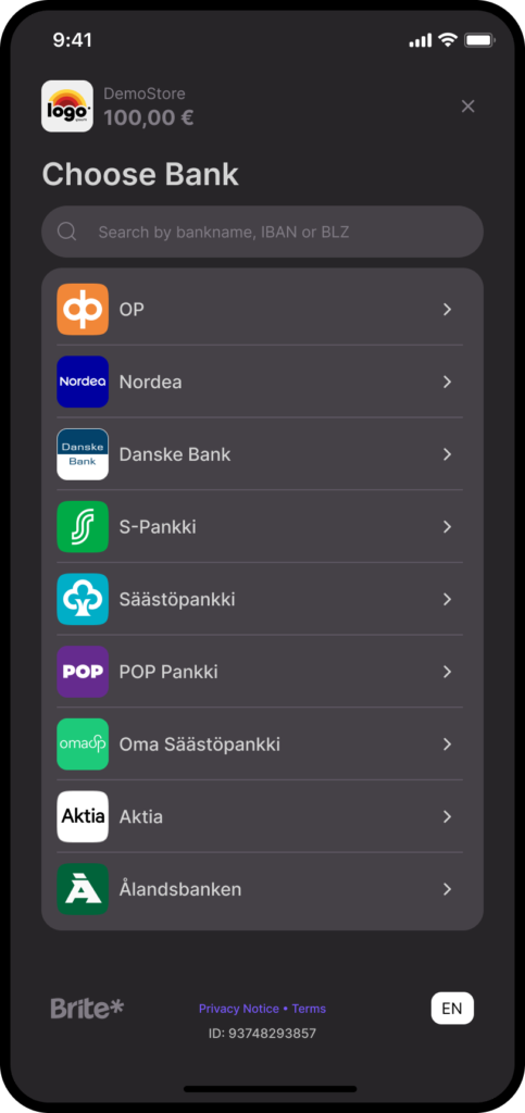 Brite Play screen image of selecting banks on dark mode mobile phone