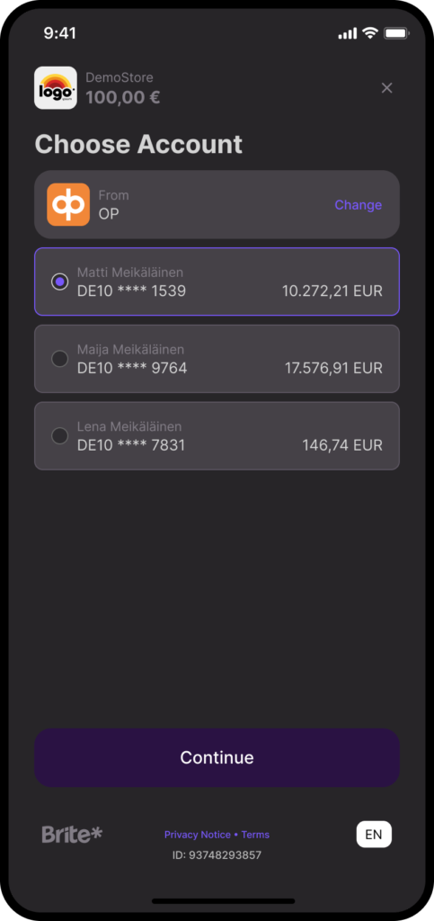 Brite Play account selection image in dark mode mobile phone