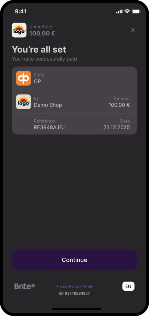Brite Play payment and account confirmed image in dark mode on mobile