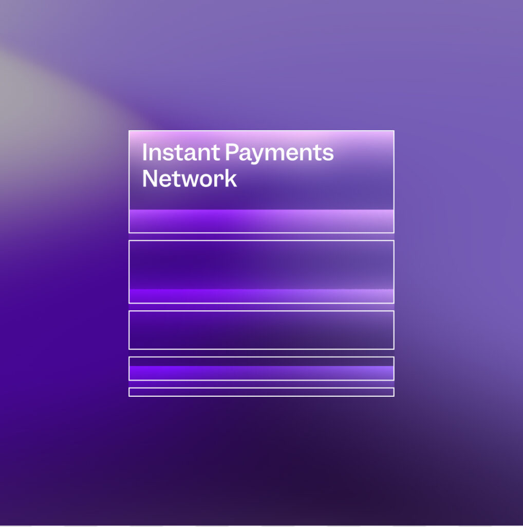 Brite Instant Payments Network hero image which contains a purple background 5 descending in size rectangles