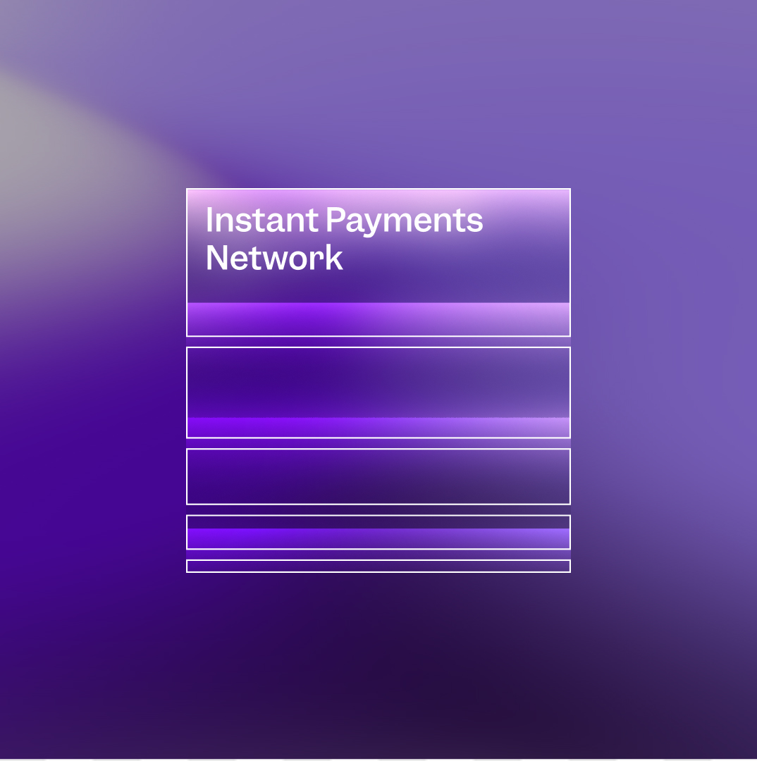 Brite Instant Payments Network hero image which contains a purple background 5 descending in size rectangles