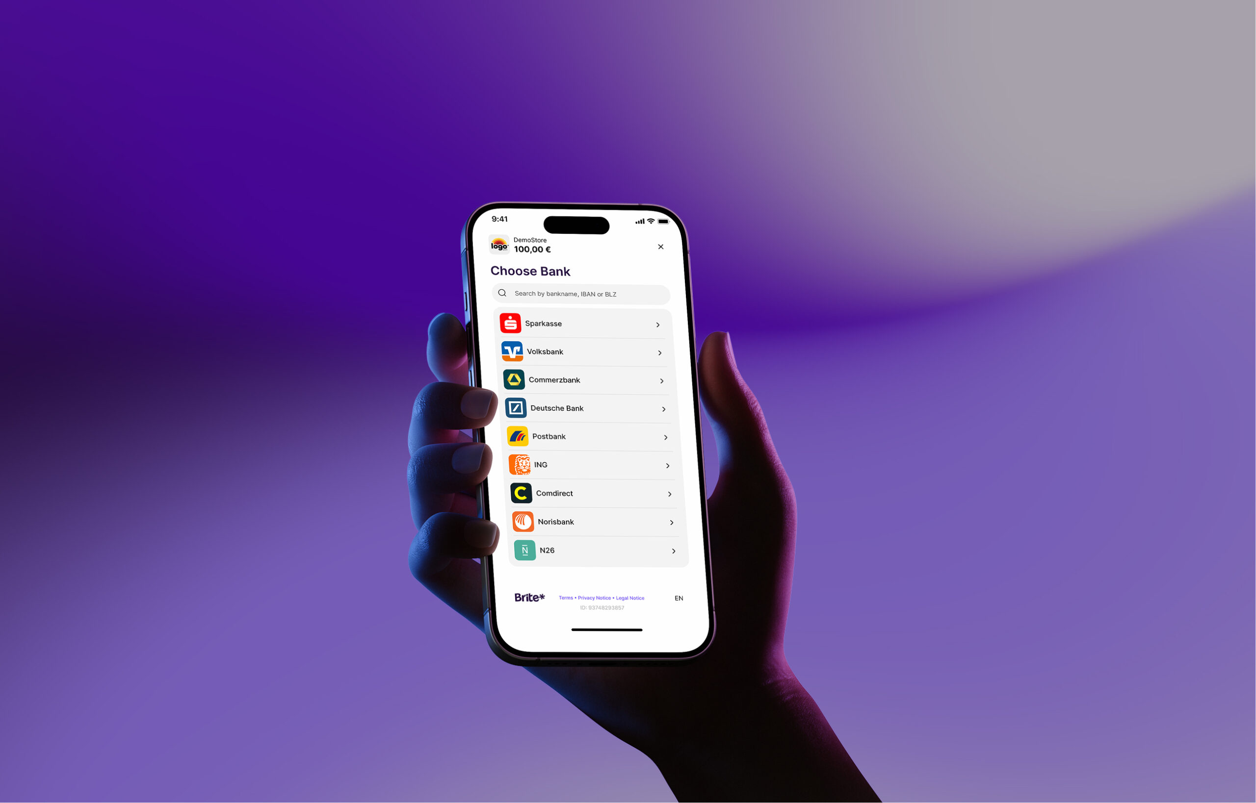 A large hero image of a hand on a purple background holding a mobile phone with a selection of german banks, representing Brite for Business