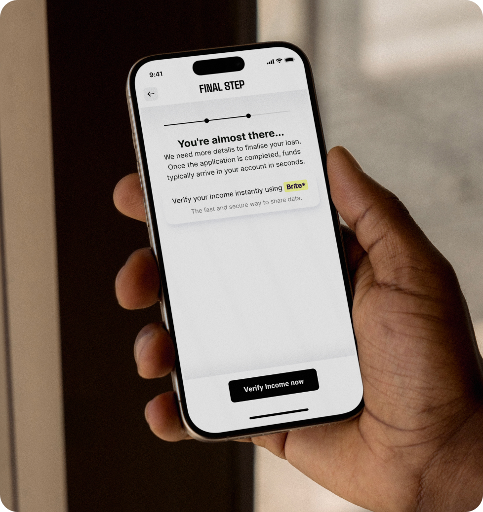 Loan application final step on phone for Brite Data Solutions