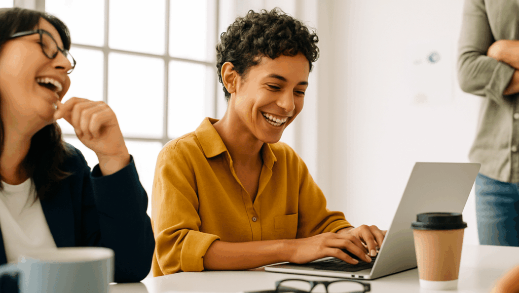 Woman working with laptop and smiling