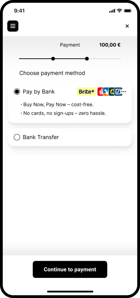 Pay by Bank using Brite Instant Payments checkout screen