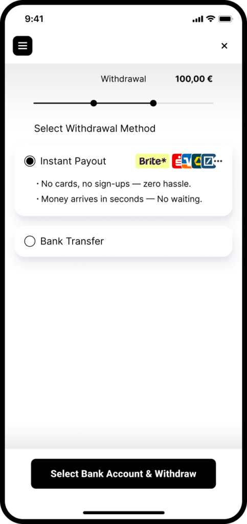 Instant Payout intro screen on mobile