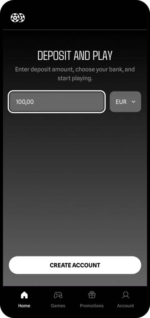 Deposit and play, Brite Play opening screen on dark mode mobile phone