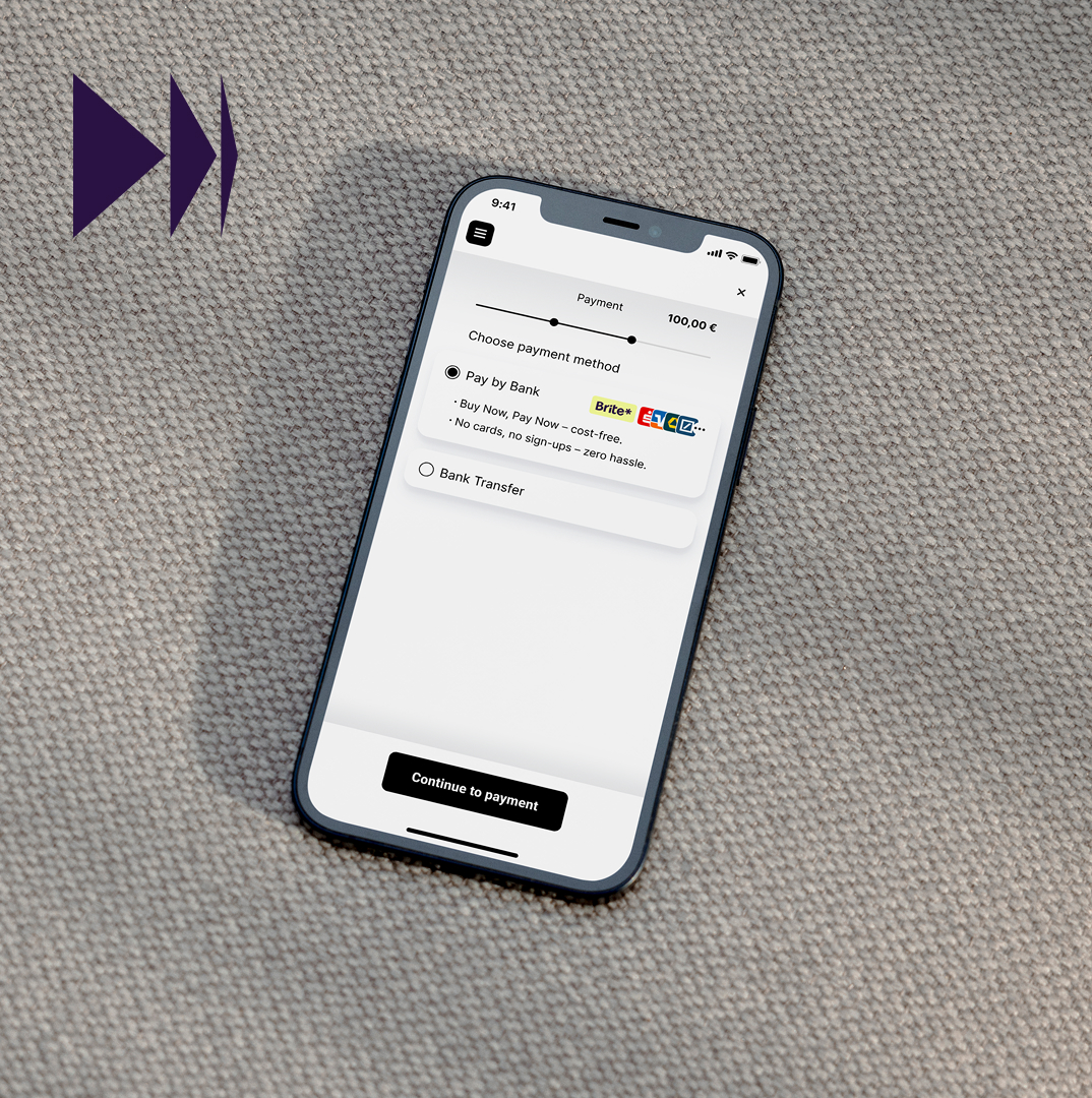 A mobile phone with an image of Brite Instant Payments and a Brite Instant Payments symbol in the top left of the image