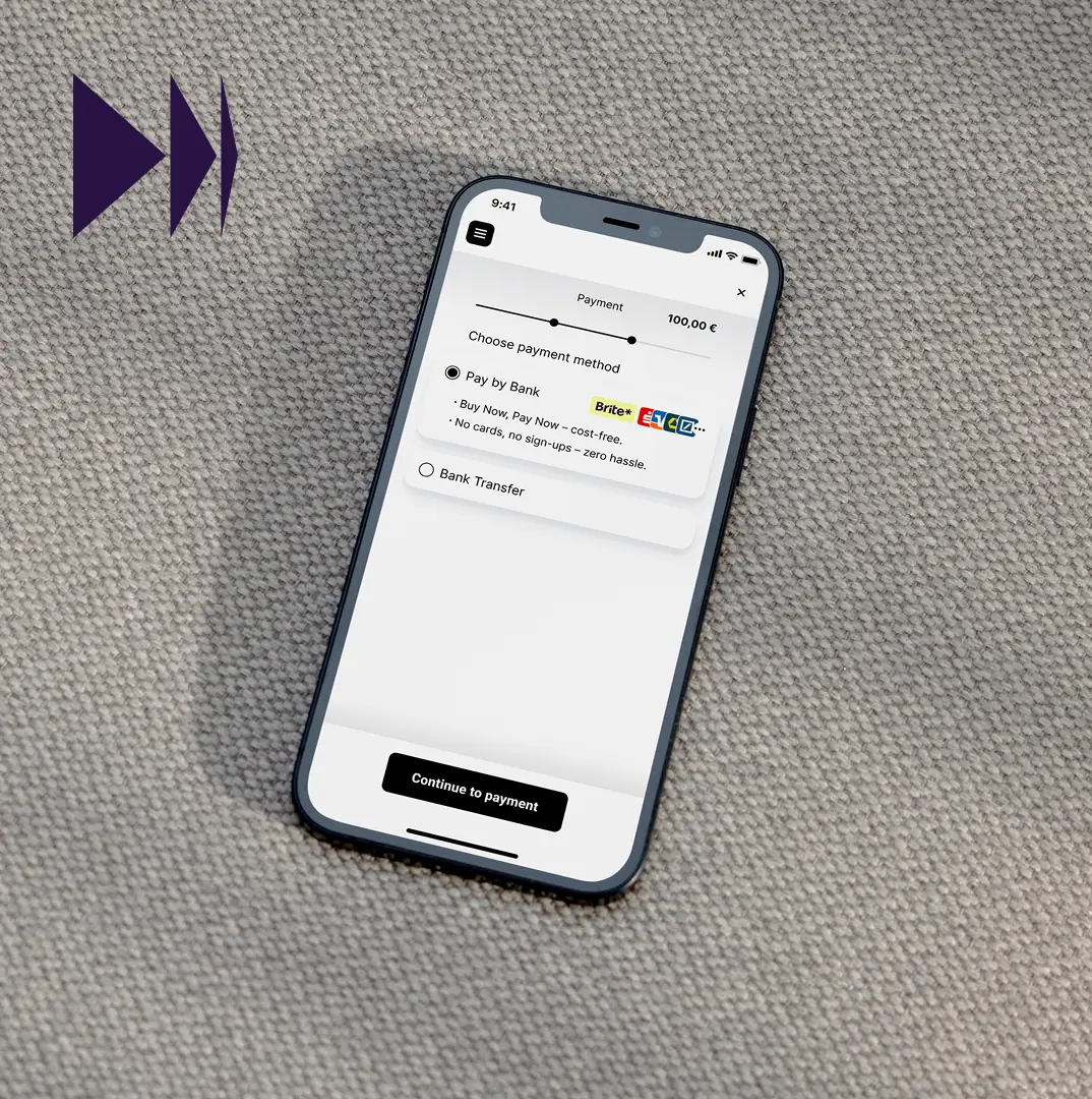 A mobile phone with an image of Brite Instant Payments and a Brite Instant Payments symbol in the top left of the image