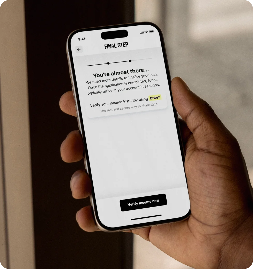 Loan application final step on phone for Brite Data Solutions