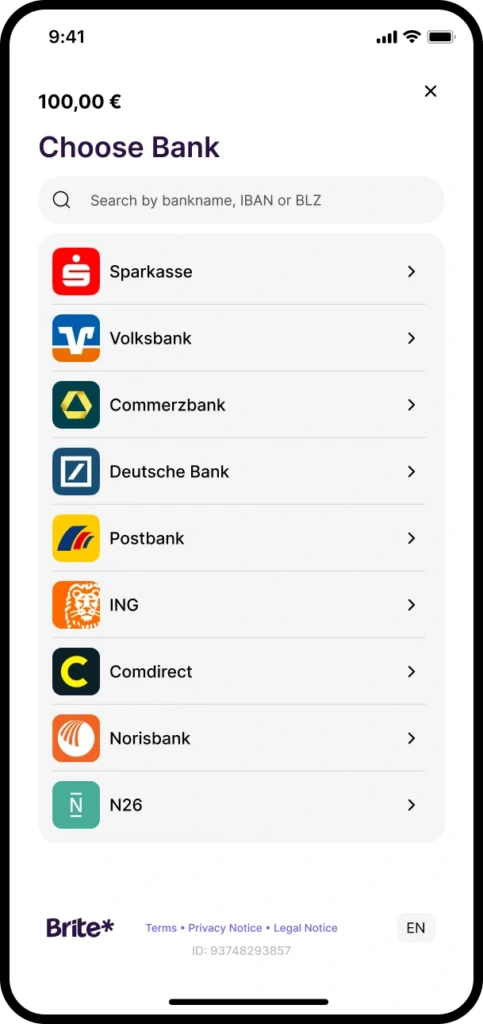 Select bank for Instant Payments on mobile screen