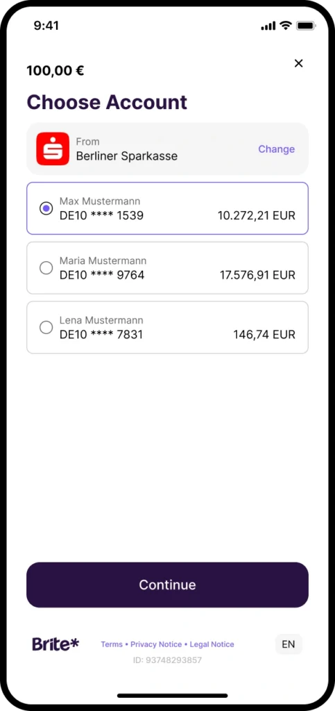 Select account screen for Instant Payments on mobile