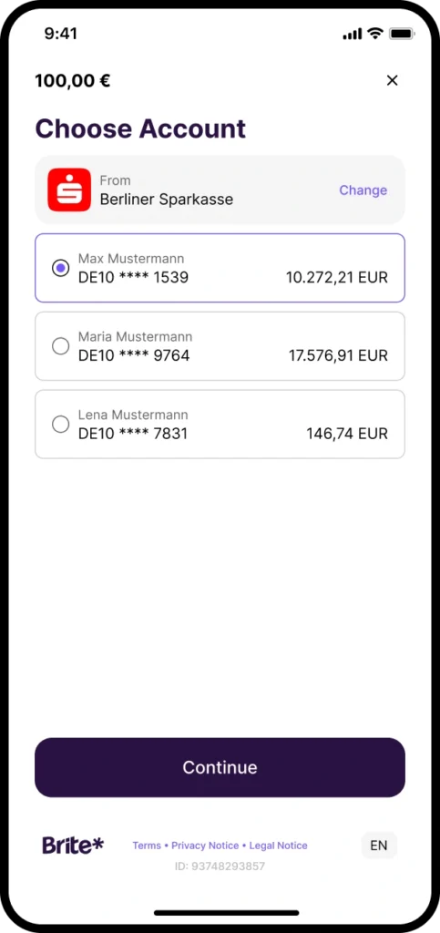 Brite Instant Payouts account selection screen